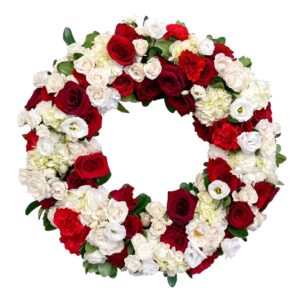 coroana funerara cu hortensii si trandafiri rosii