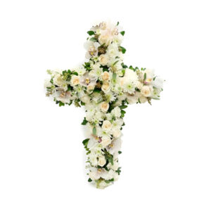 cruce funerara cu orhidee alba, trandafiri crem si crizanteme albe