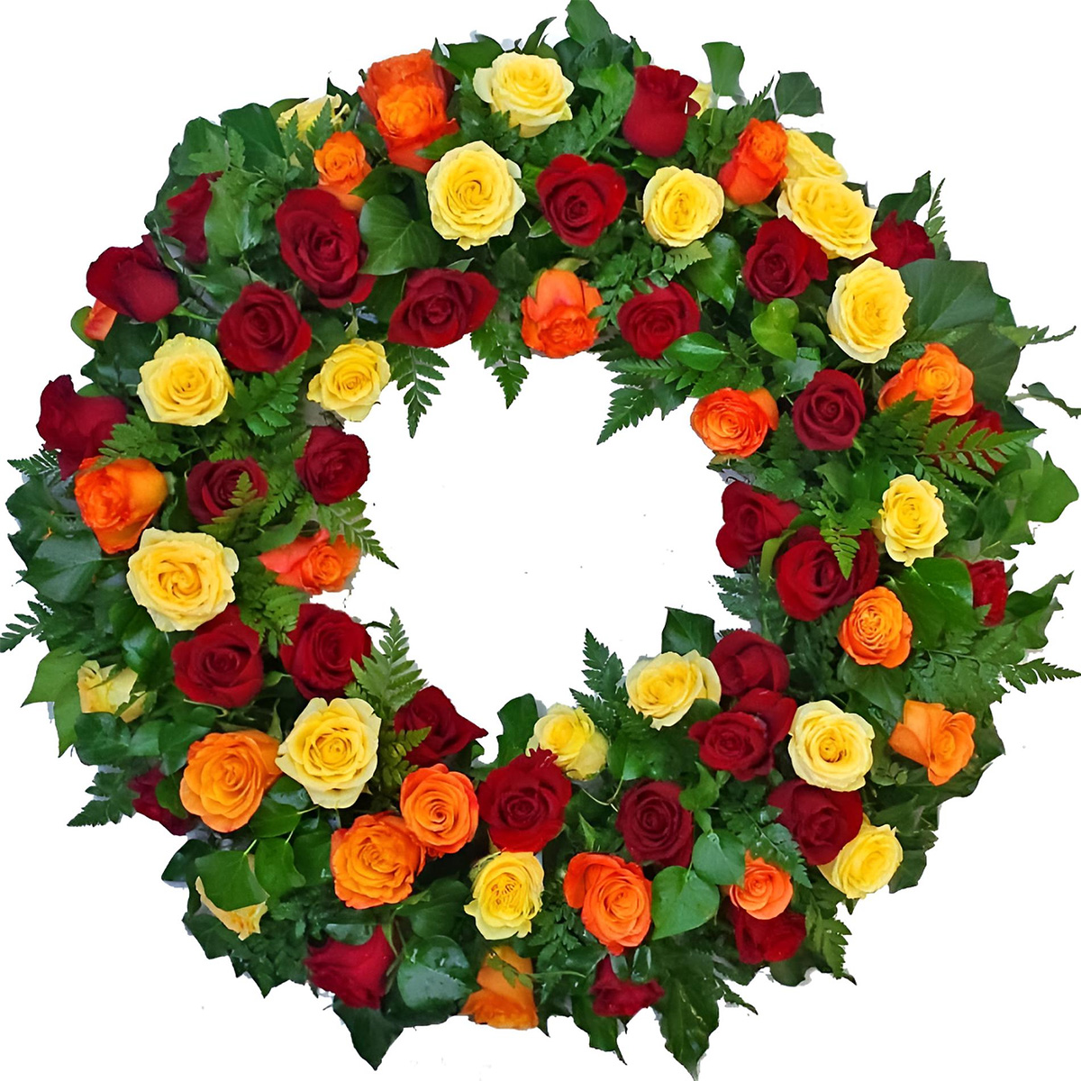Coroana funerara cu 70 de trandafiri multicolori