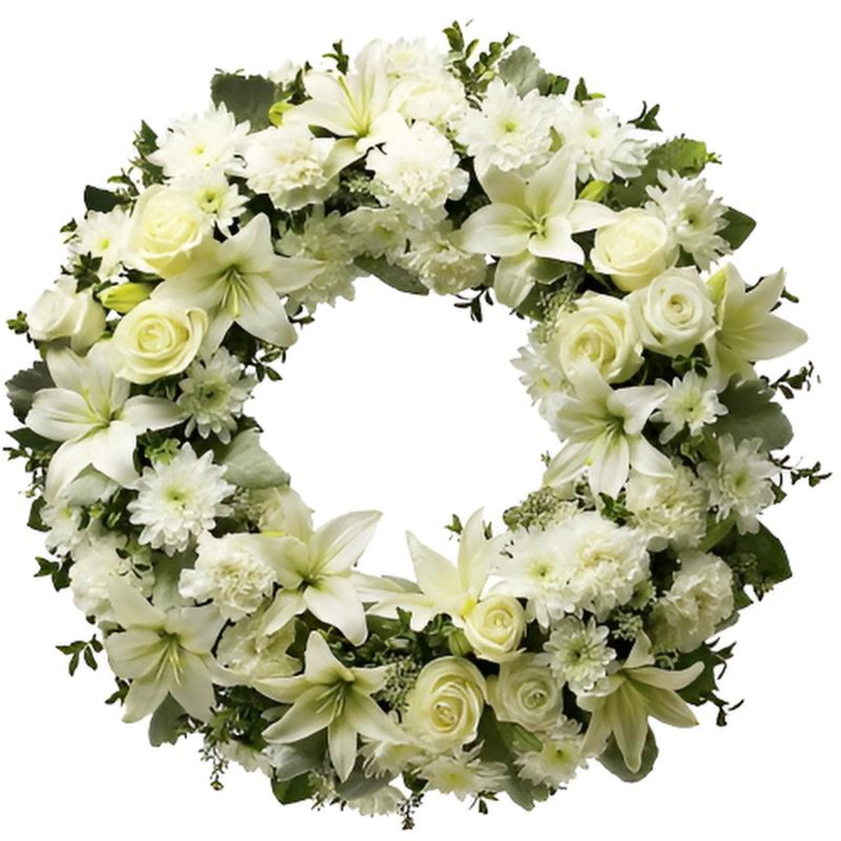 Coroana funerara cu crini si trandafiri albi