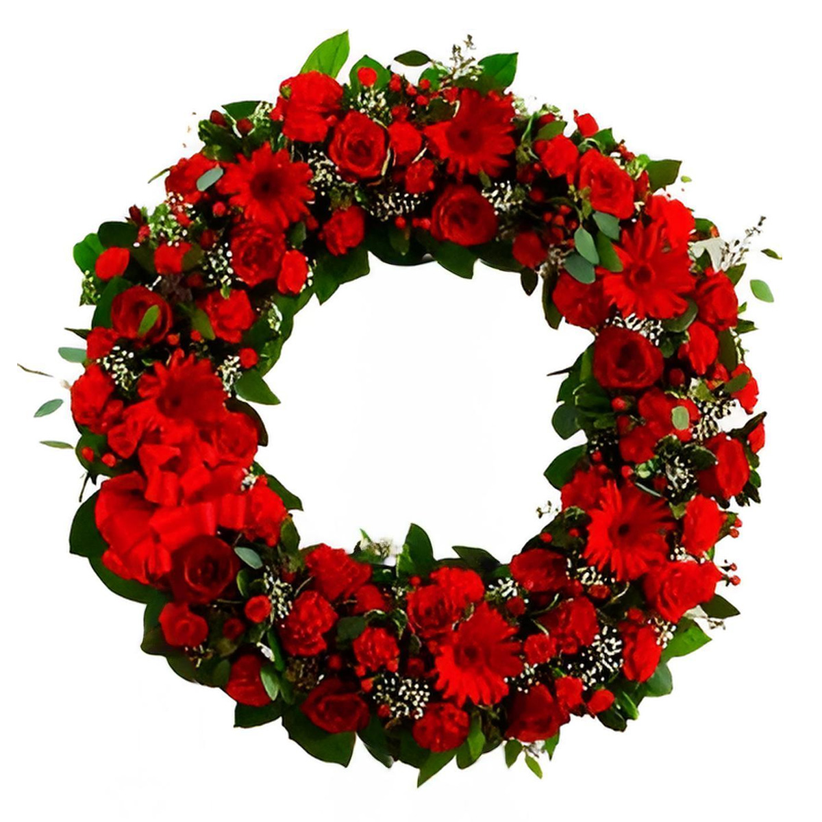 Coroana funerara rosie cu trandafiri si gerbera