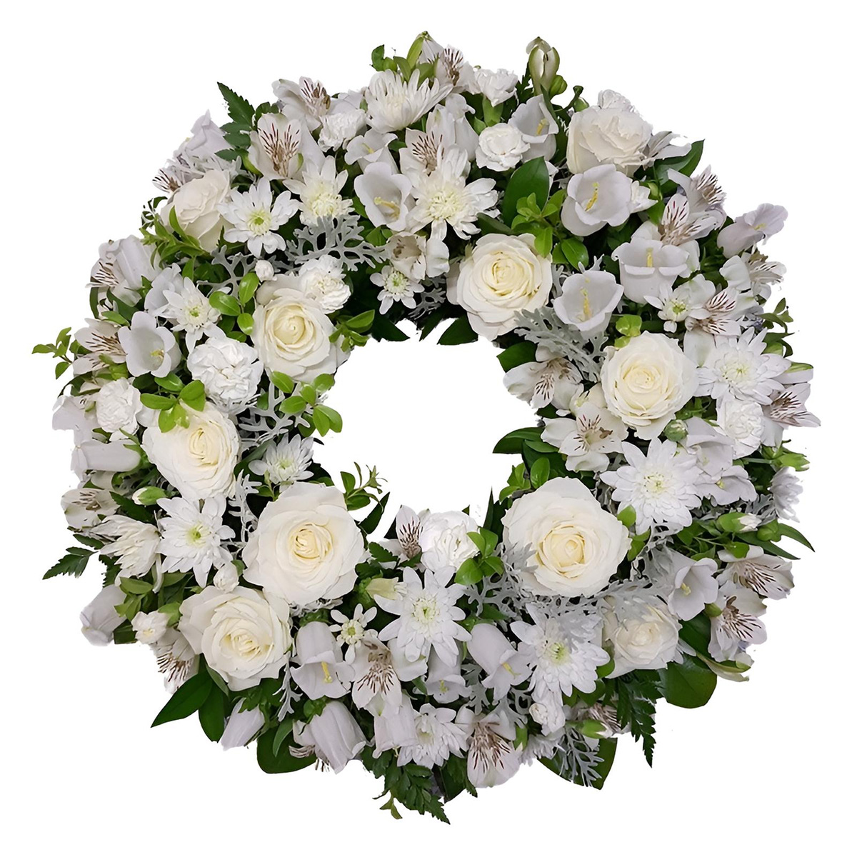 Coroana funerara cu trandafiri albi si crizanteme