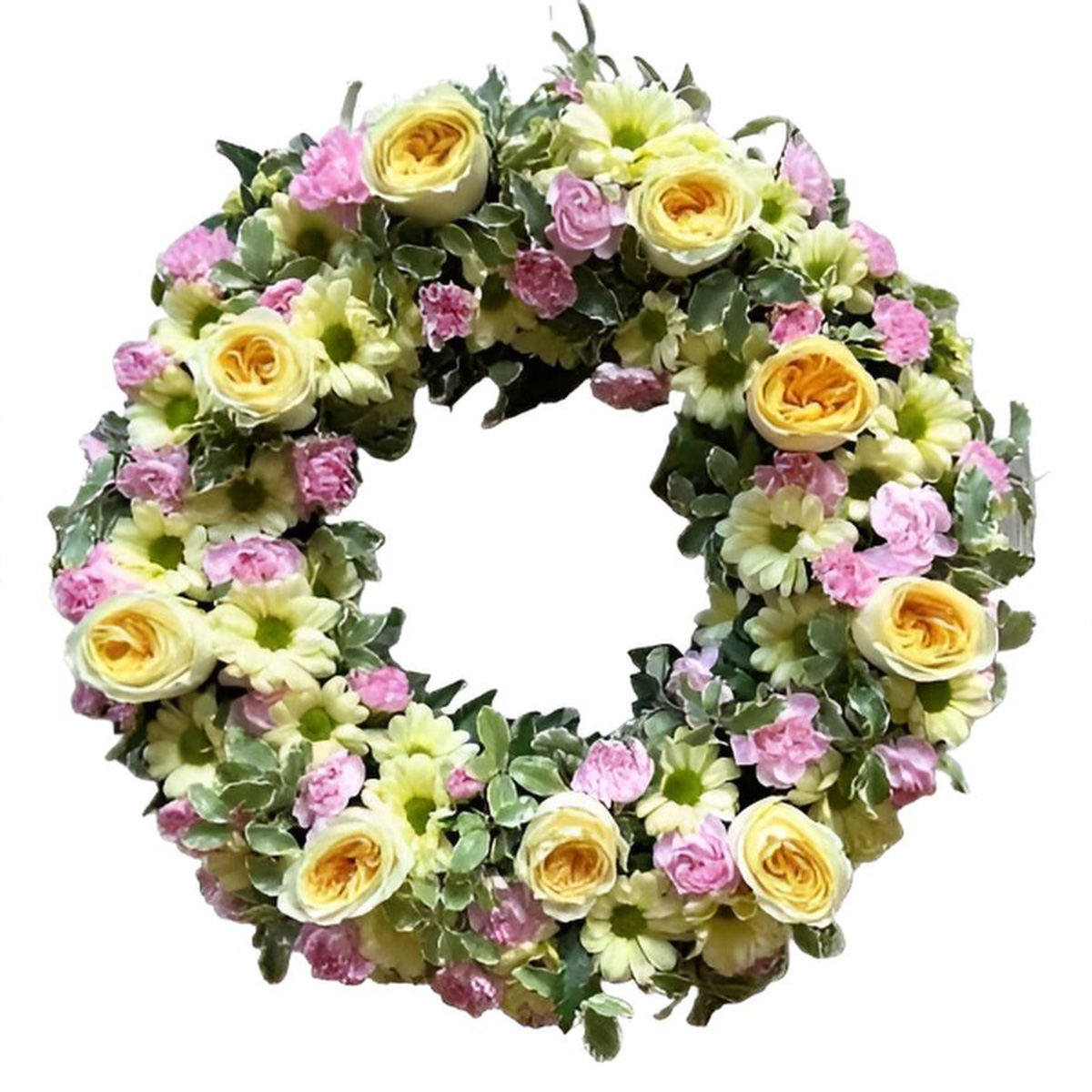 Coroana funerara cu trandafiri galbeni si garoafe roz